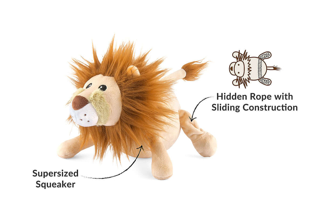 "P.L.A.Y. Africa Big 5 Lion Toy with supersized squeaker and hidden rope, perfect for adventurous dogs and safari-themed playtime."