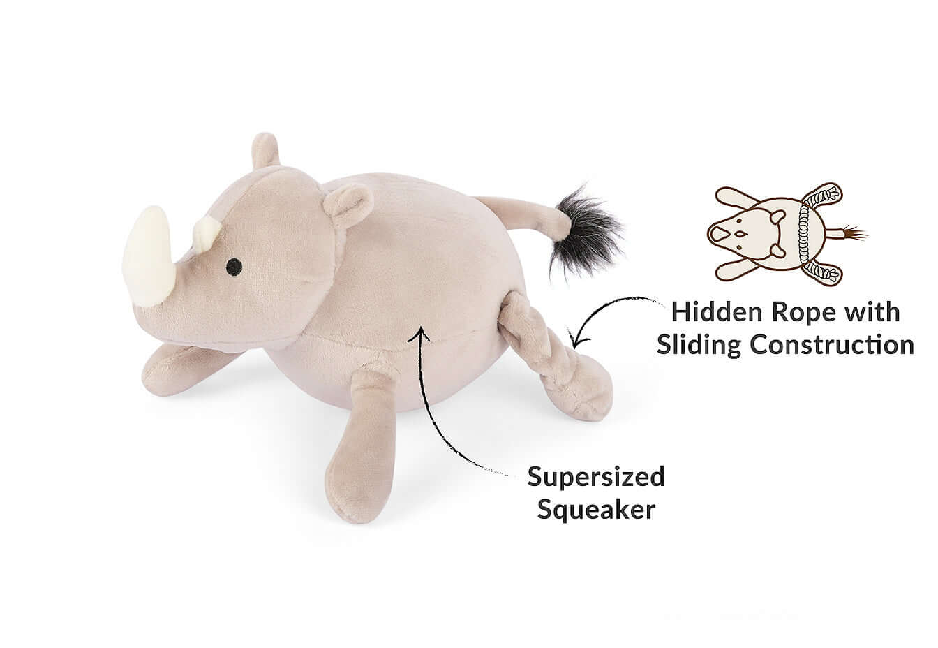 Plush rhino dog toy with supersized squeaker and hidden sliding rope, part of the P.L.A.Y. Africa Big 5 Toy Set.