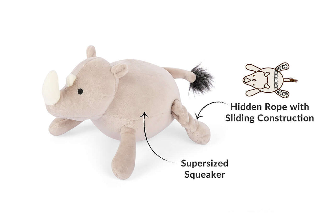 Plush rhino dog toy with supersized squeaker and hidden sliding rope, part of the P.L.A.Y. Africa Big 5 Toy Set.