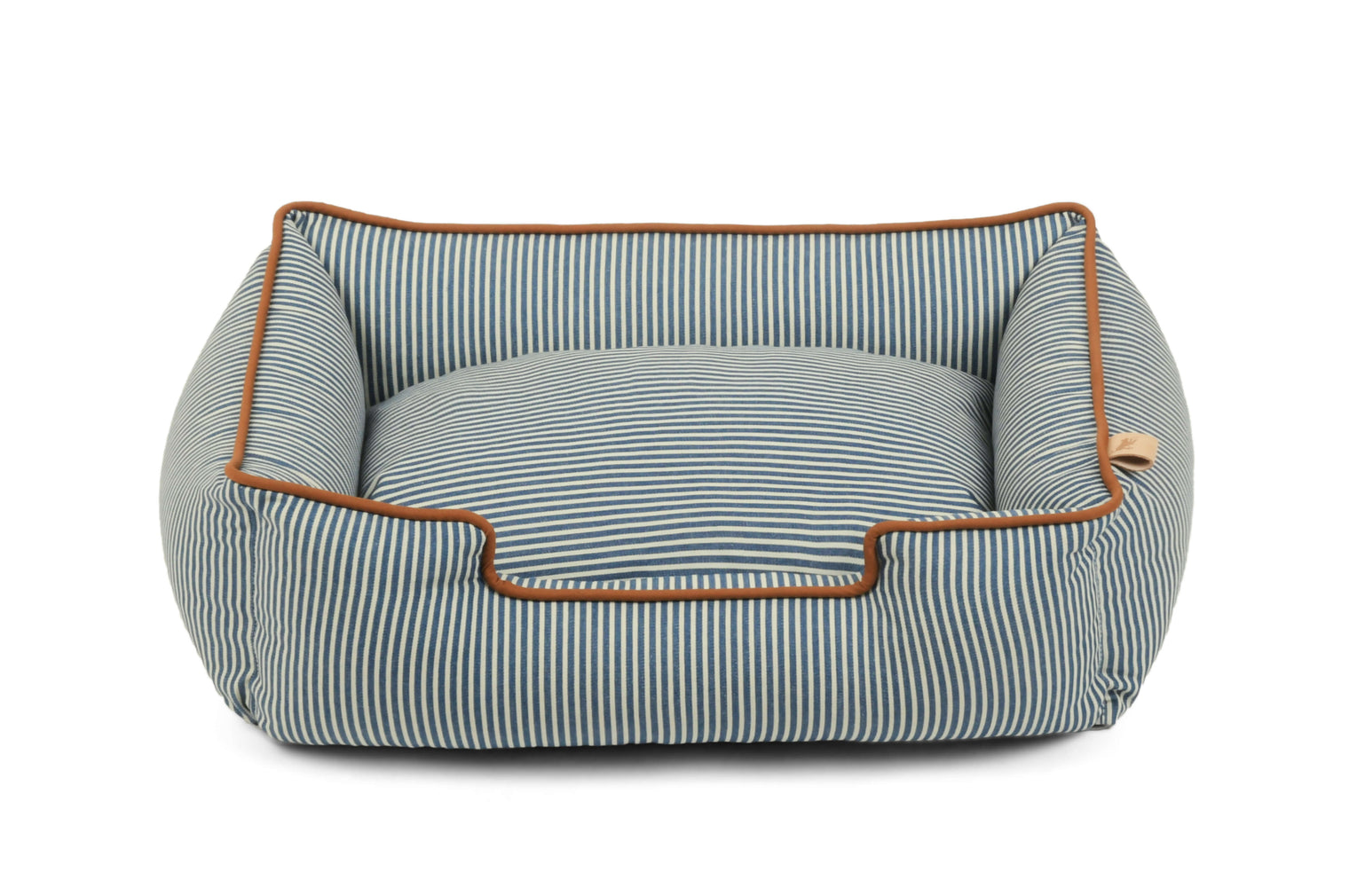Striped bolster style dog bed with raised sides for headrest, designed in sleek fabric for comfort by P.L.A.Y. Manhattan Lounge Beds
