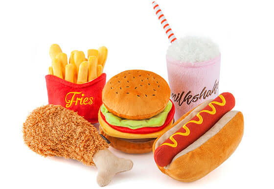 Toy Set featuring plush burger, fries, hot dog, chicken leg, and milkshake for dogs.