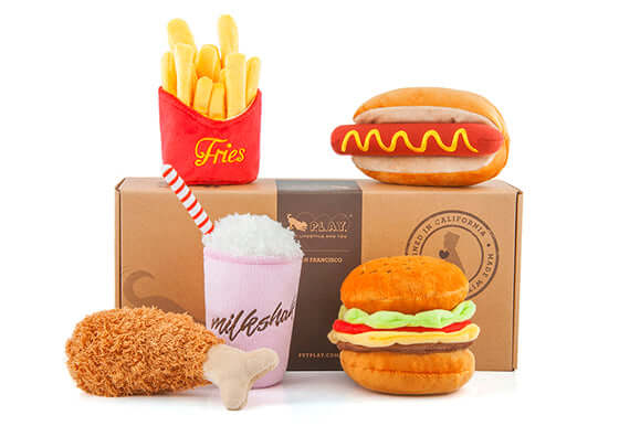 Toy Set featuring a plush burger, fries, hot dog, chicken leg, and milkshake