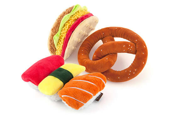 International Classic Toy Set for dogs with pretzel, taco, and sushi plush toys offering global flavors for playful pups.