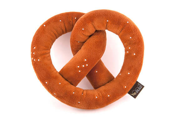 Soft plush pretzel toy from P.L.A.Y. International Classic Toy Set for dogs, featuring realistic design and playful texture.