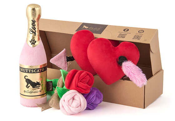 P.L.A.Y. Puppy Love Toy Set with champagne bottle, heart toy, and flower bouquet for dogs in front of packaging box.