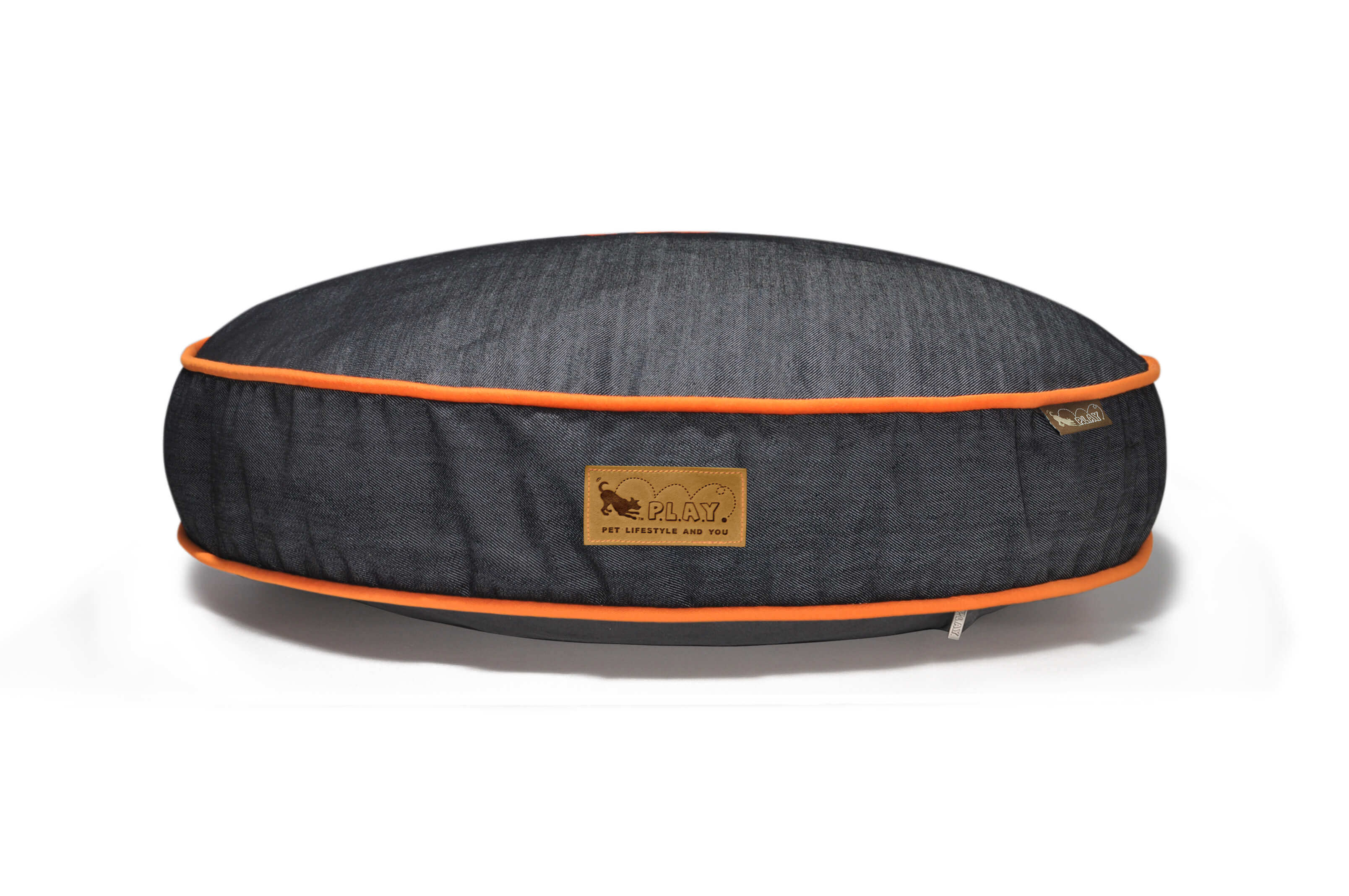 P.L.A.Y. Urban Denim Round Dog Bed with Orange Trim