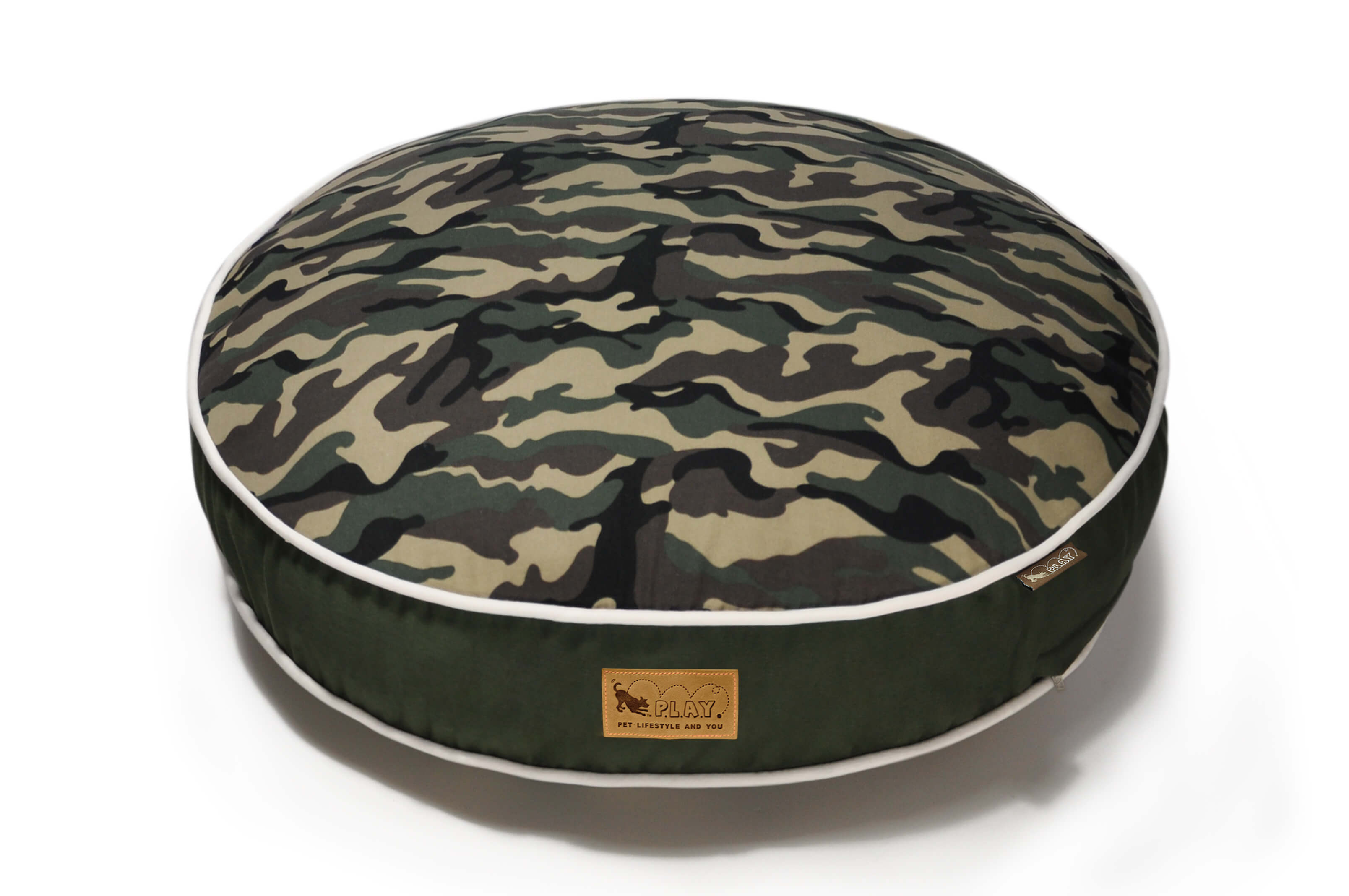 P.L.A.Y. Camouflage Round Bed for pets, featuring a stylish and soft camo design, perfect for dogs and cats, blends in any home decor