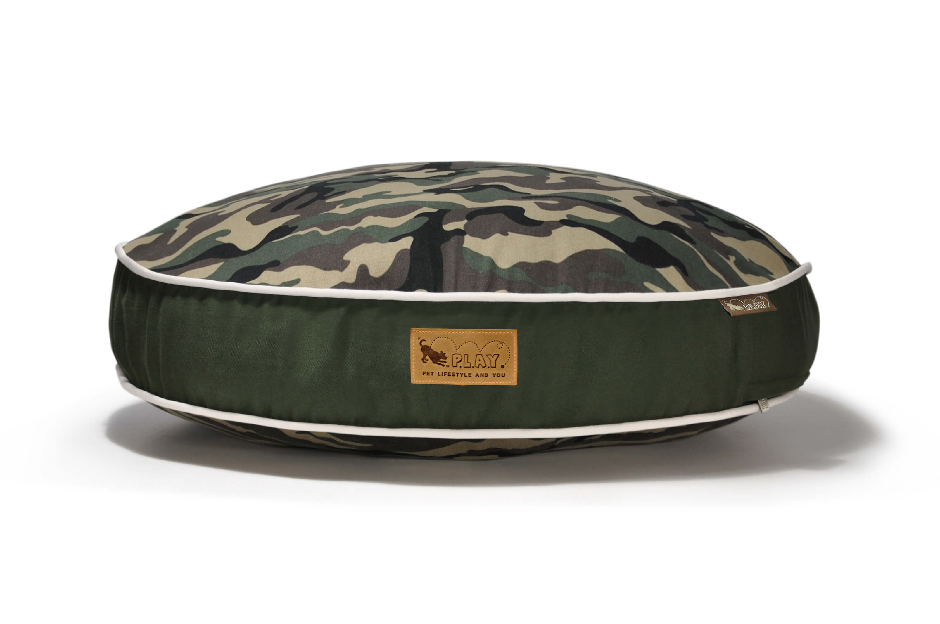 P.L.A.Y. Camouflage Round Bed for pets, with soft stylish Camo design perfect for dogs or cats, blending in home or car décor.