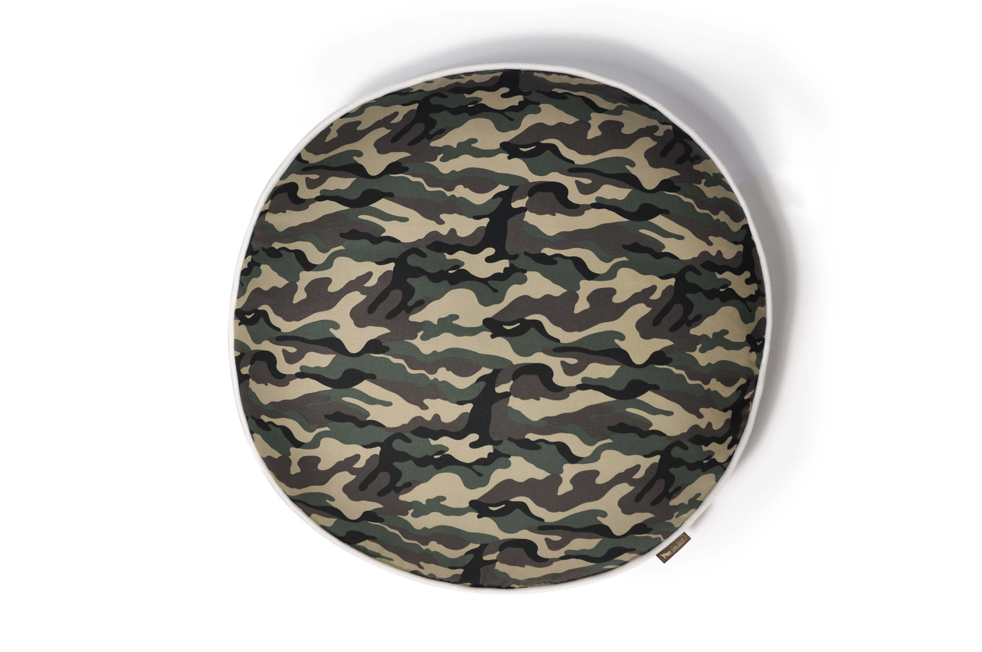 Camouflage P.L.A.Y. round pet bed for dogs and cats, perfect for home or car use.