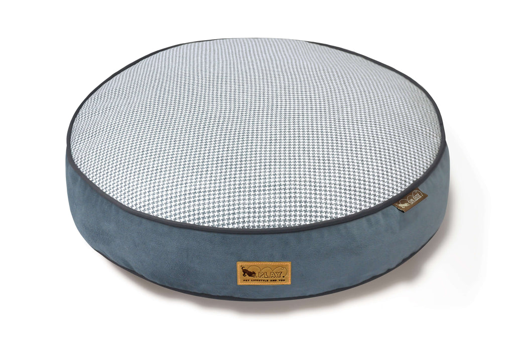 P.L.A.Y. Houndstooth Round Bed for dogs in blue with timeless houndstooth pattern, perfect for stylish and sophisticated dog naps.