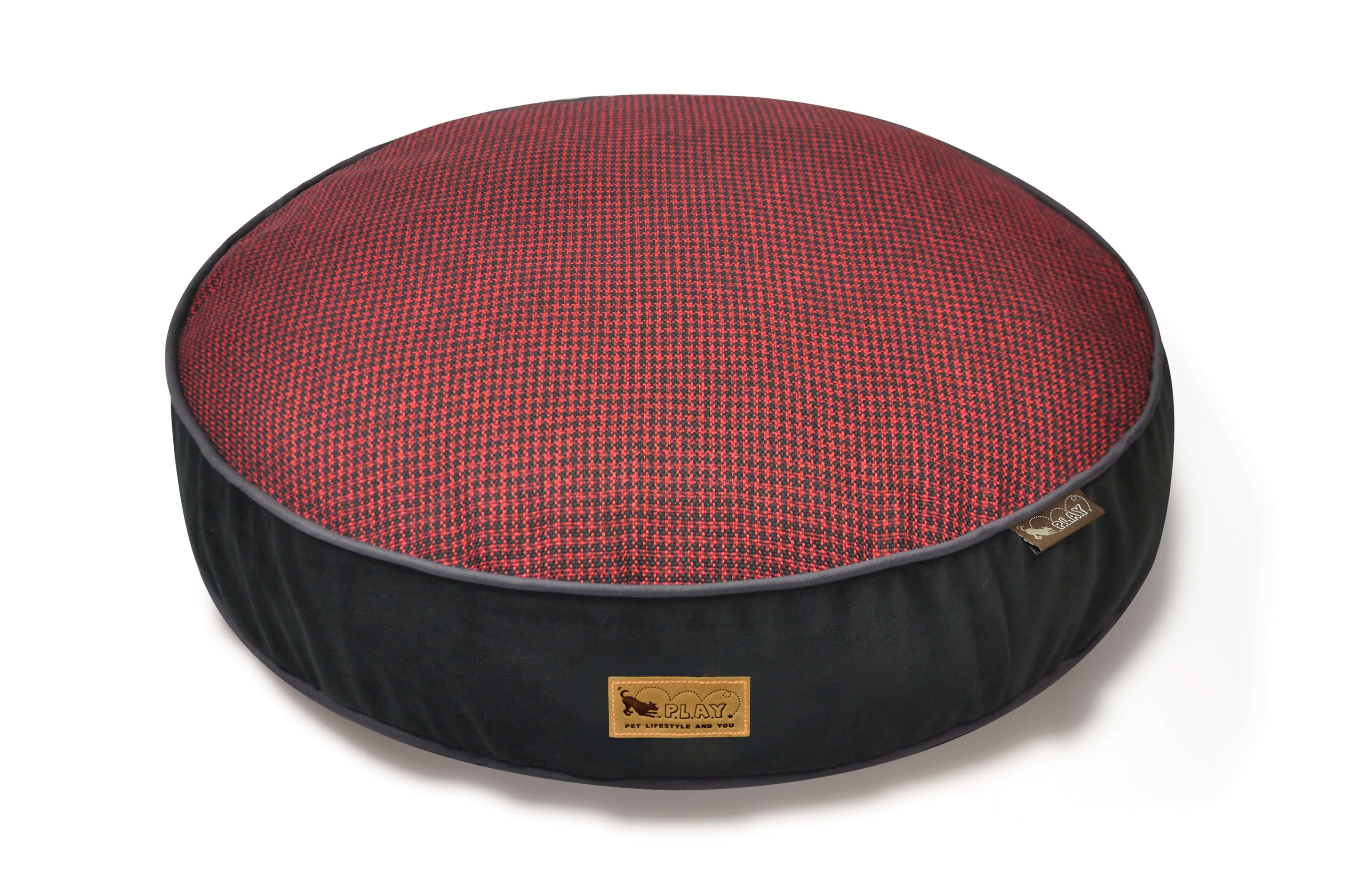 P.L.A.Y. Houndstooth Round Bed in red and black, offering stylish and comfortable sleeping for dogs with a sophisticated touch