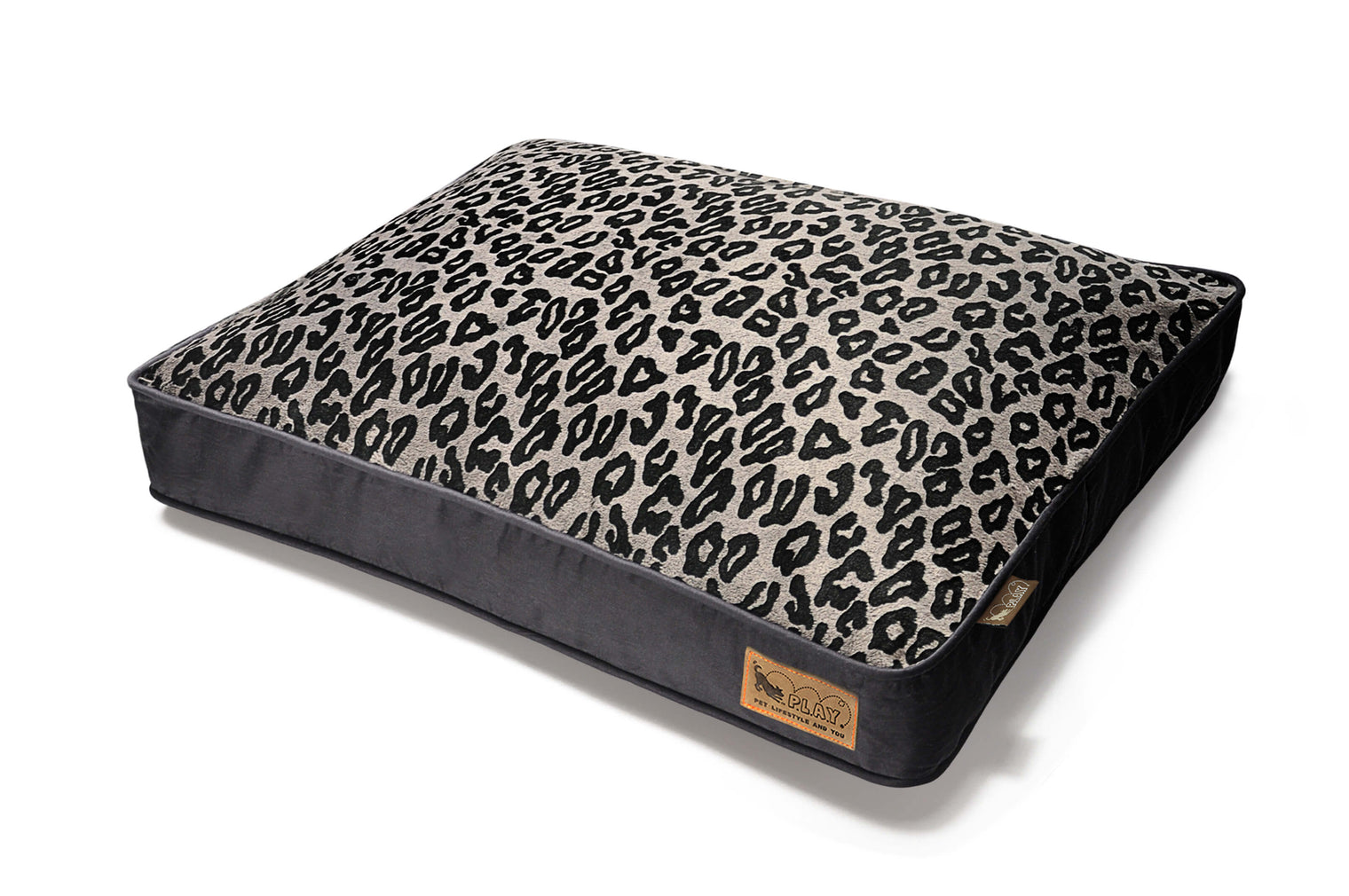 Serengeti style rectangle shaped dog bed with bold animal print and ultra-soft velvet material