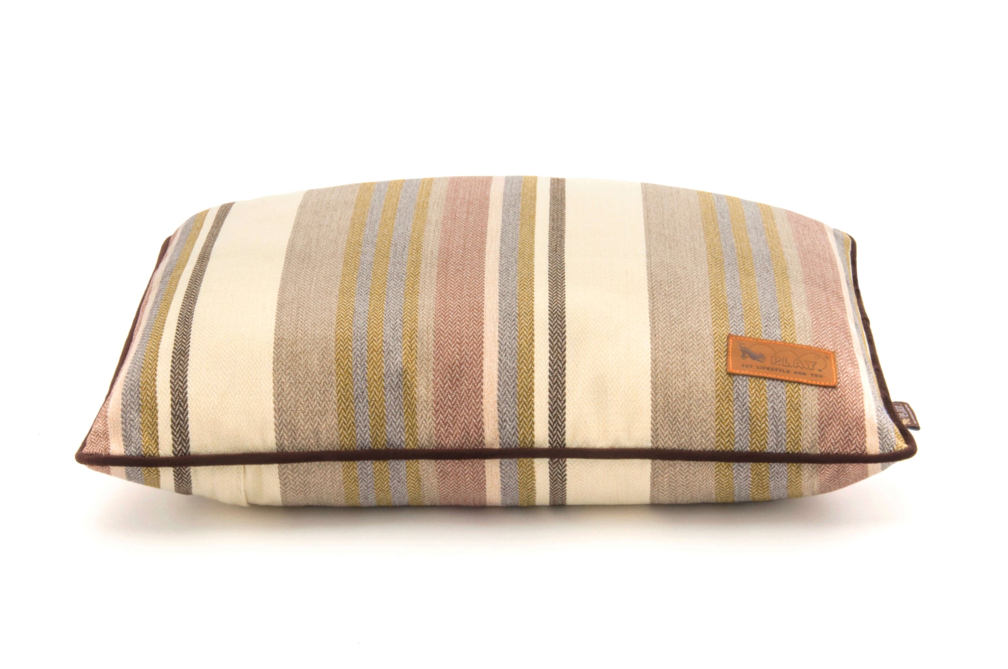 P.L.A.Y. Horizon Pillow Bed with earthy striped design, perfect for cozy cabin or beachside retreat, durable woven fabric for your dog's comfort