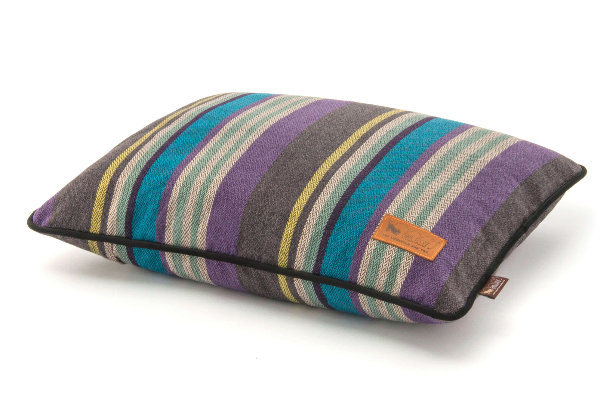 P.L.A.Y. Horizon Pillow Bed with colorful, earthy striped fabric design ideal for cozy cabin or beachside retreat, perfect for all dog sleeping styles