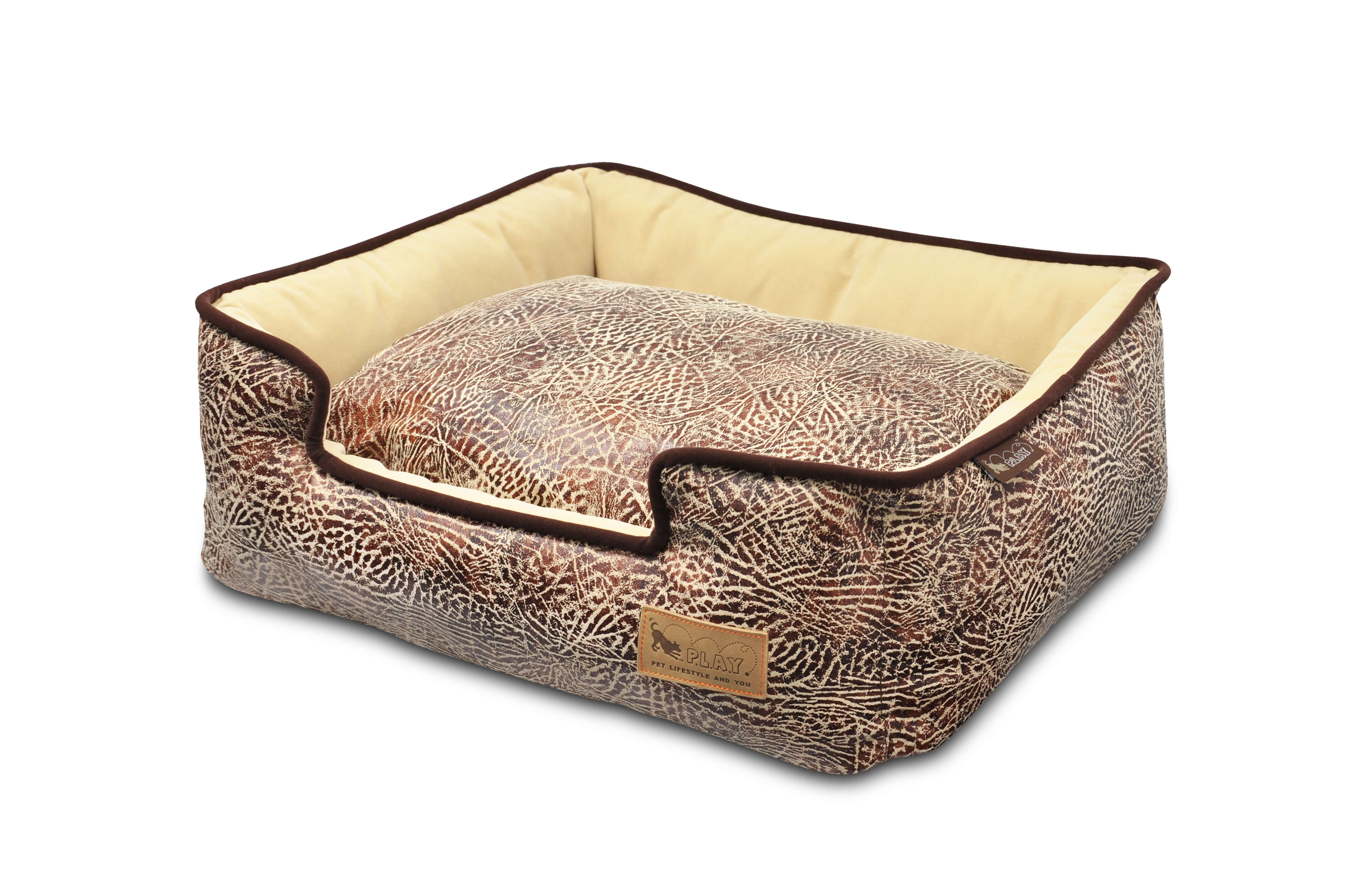 P.L.A.Y. Savannah Lounge Bed with raised sides and a savannah-inspired pattern for dogs.