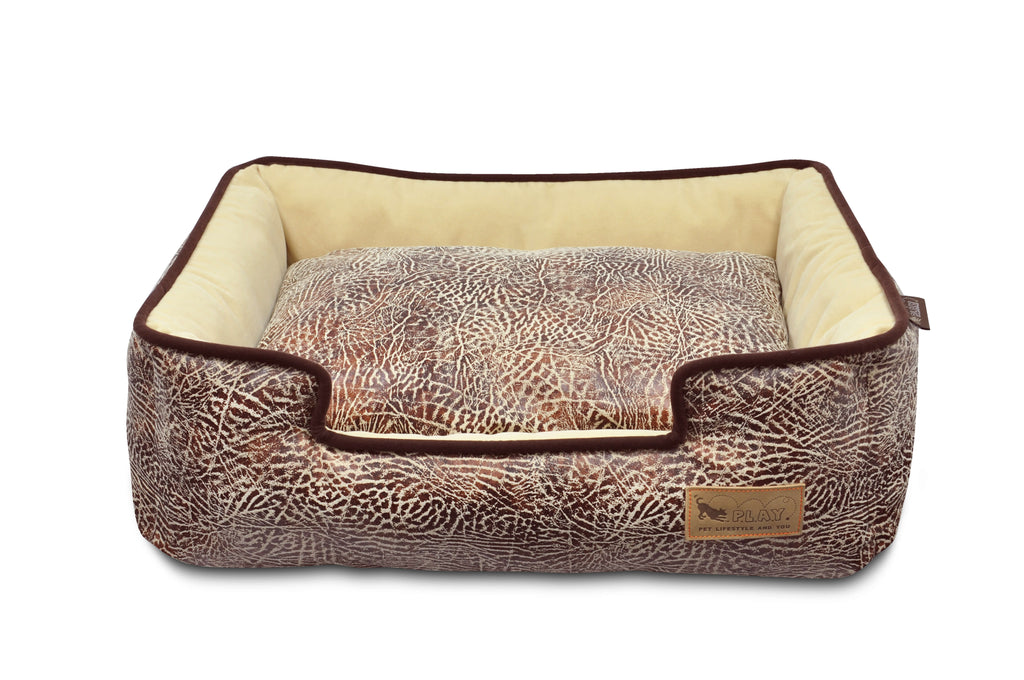 P.L.A.Y. Savannah Lounge Bed with wild grassy plains pattern and soft microsuede fabric in browns and creams.