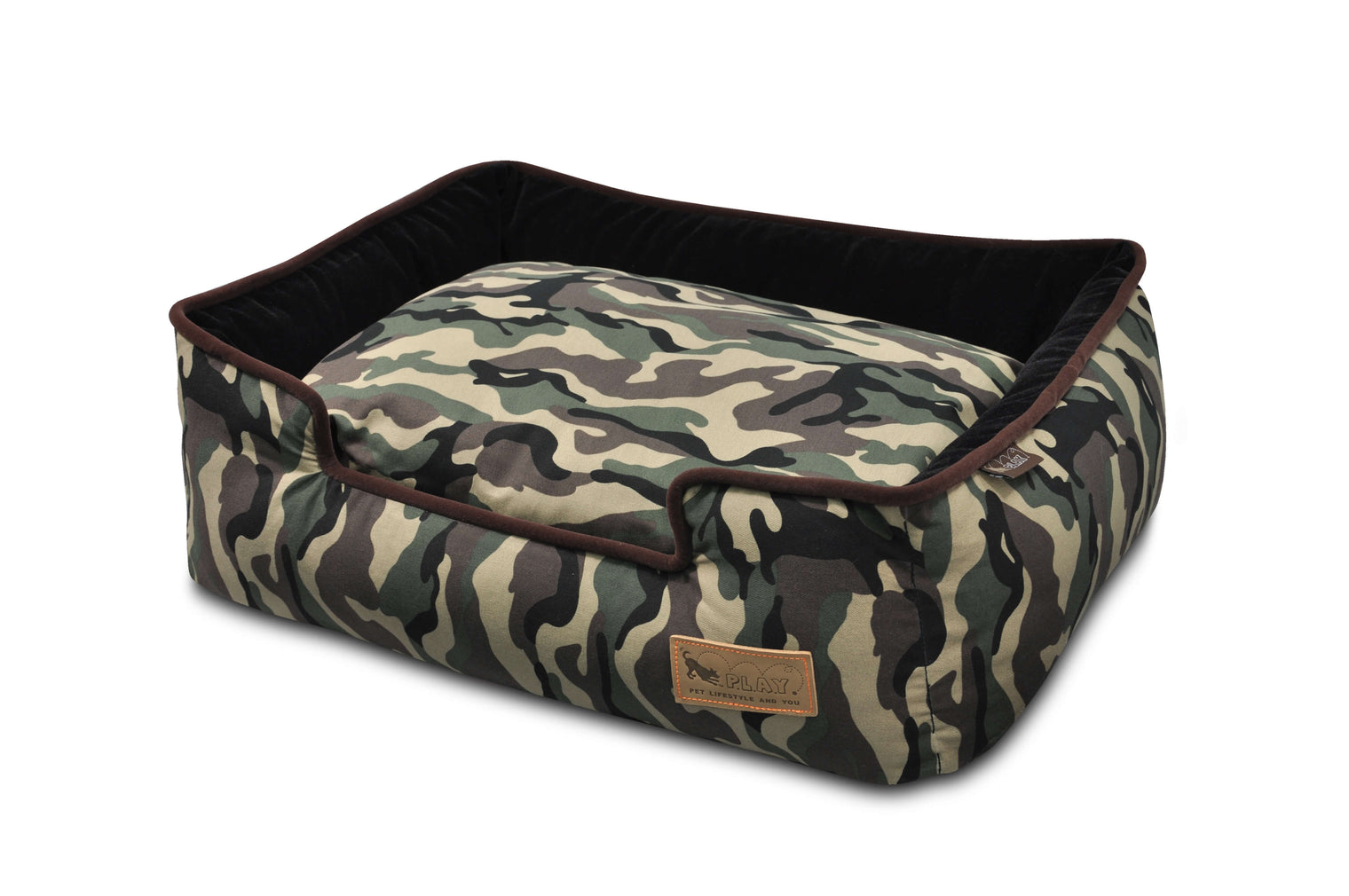 P.L.A.Y. Camouflage Lounge Bed with raised sides and reversible cushion for dogs, offering comfort and style with four different looks.