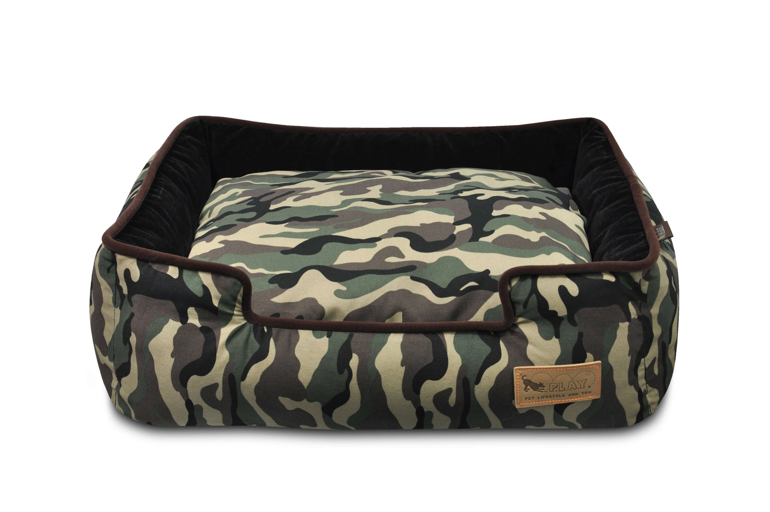 P.L.A.Y. Camouflage Lounge Bed for pets, featuring raised sides and comfortable design for dogs, with a stylish green and brown camouflage pattern.