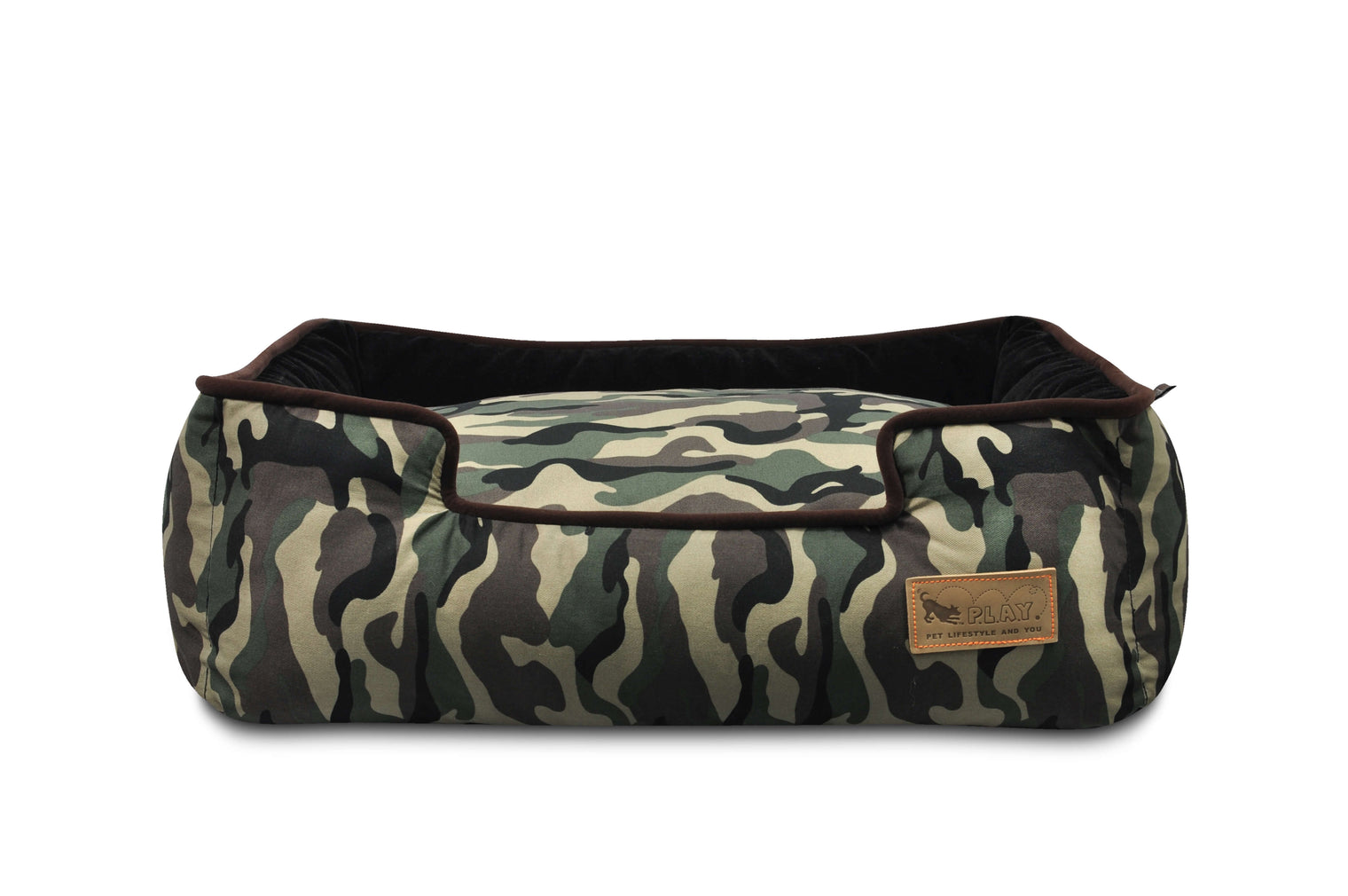 P.L.A.Y. Camouflage Lounge Bed for pets with raised sides and reversible inner cushion and outer cover for multiple stylish looks.