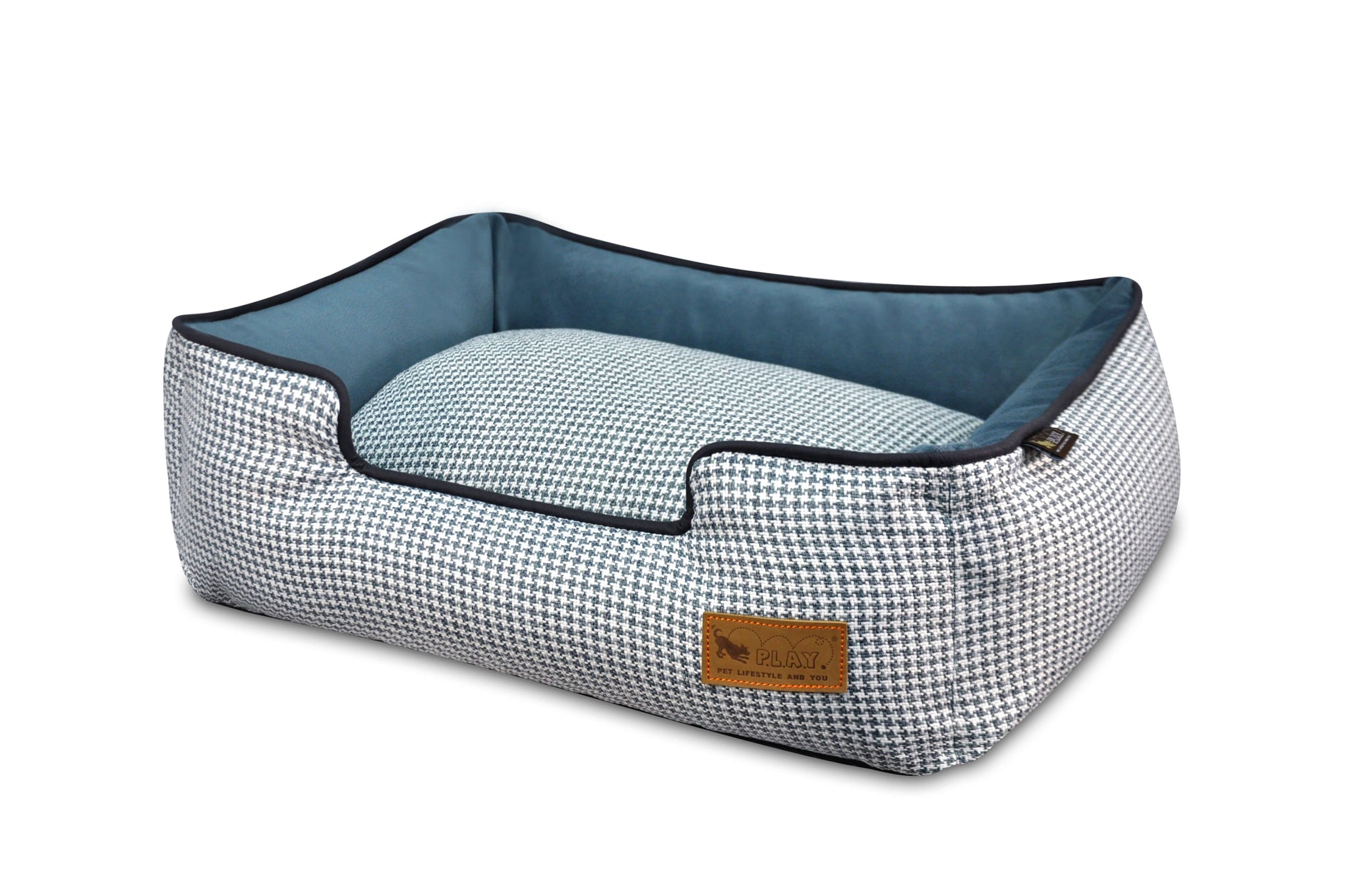 Houndstooth design dog lounge bed with raised sides in chic blue and white pattern, offering a classy and comfortable space for pets.