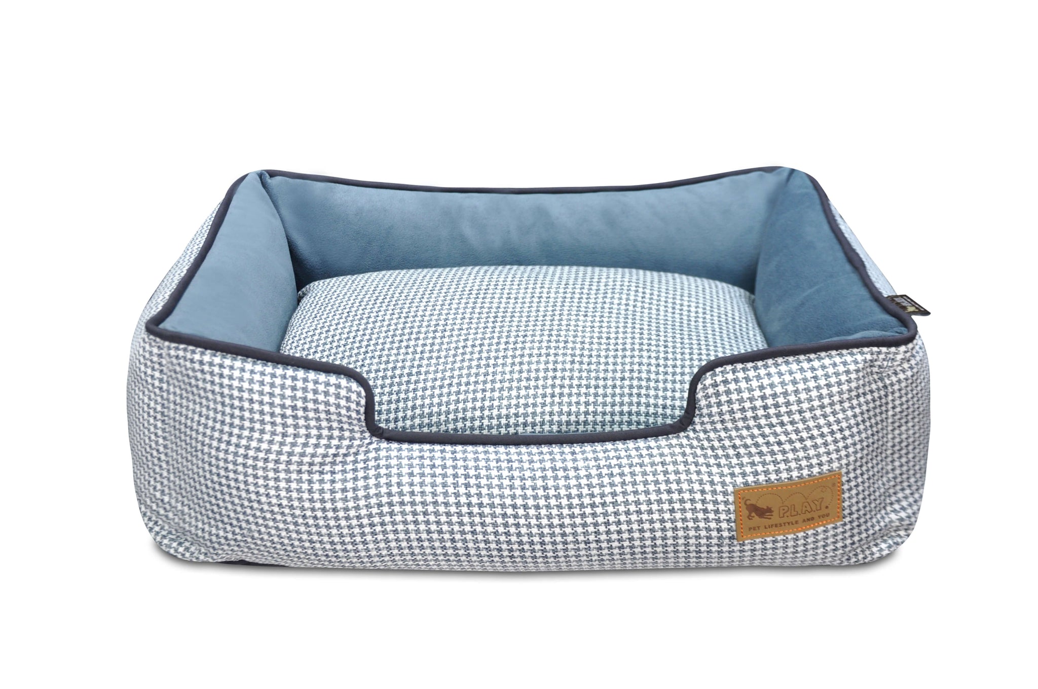 Elegant P.L.A.Y. Houndstooth Lounge Dog Bed with raised sides for headrest in chic blue color, perfect for stylish snooze and sophisticated spaces.