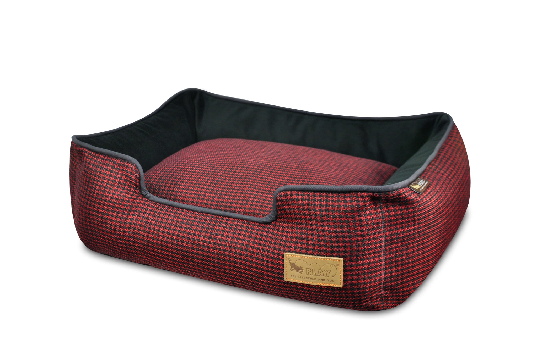 Houndstooth lounge bed for dogs, red and black with raised sides, offering comfort and sophistication for stylish snoozing