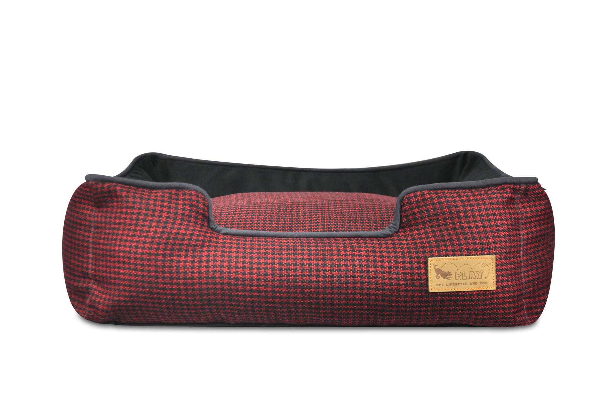 P.L.A.Y. Houndstooth Lounge Bed in red with raised sides for headrest and elegant design for dogs