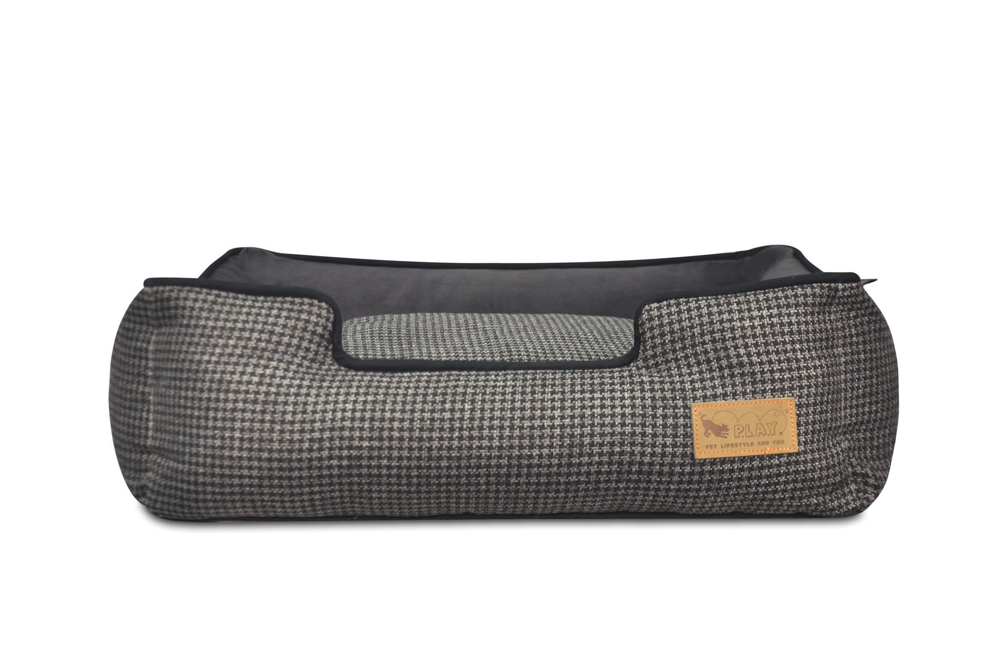 P.L.A.Y. Houndstooth Lounge Bed with raised sides in elegant black and grey pattern, perfect for stylish and comfortable dog naps.