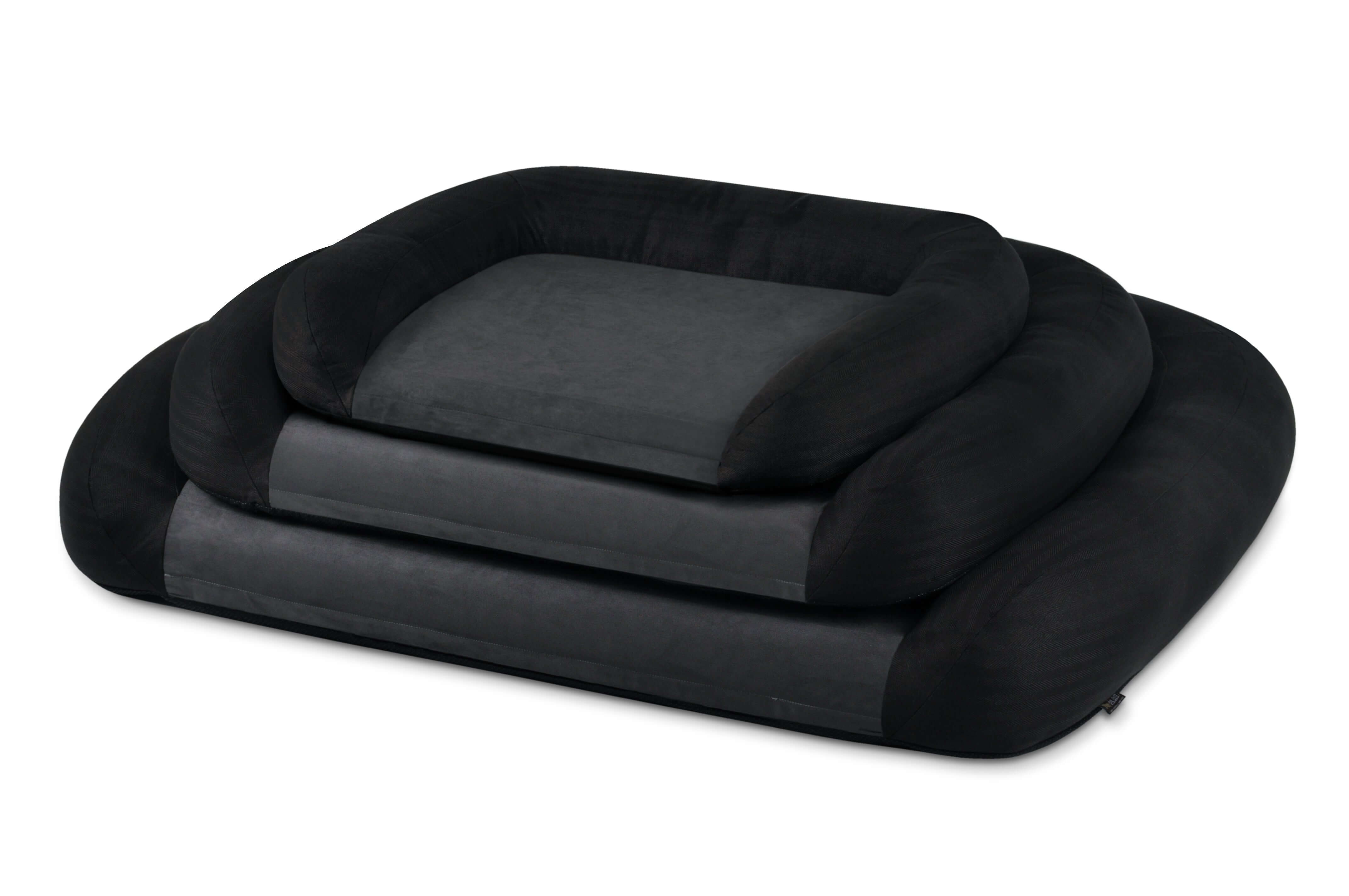 P.L.A.Y. California Dreaming Memory Foam Lounger Bed for large and older dogs, offering joint support and soothing comfort in black color.