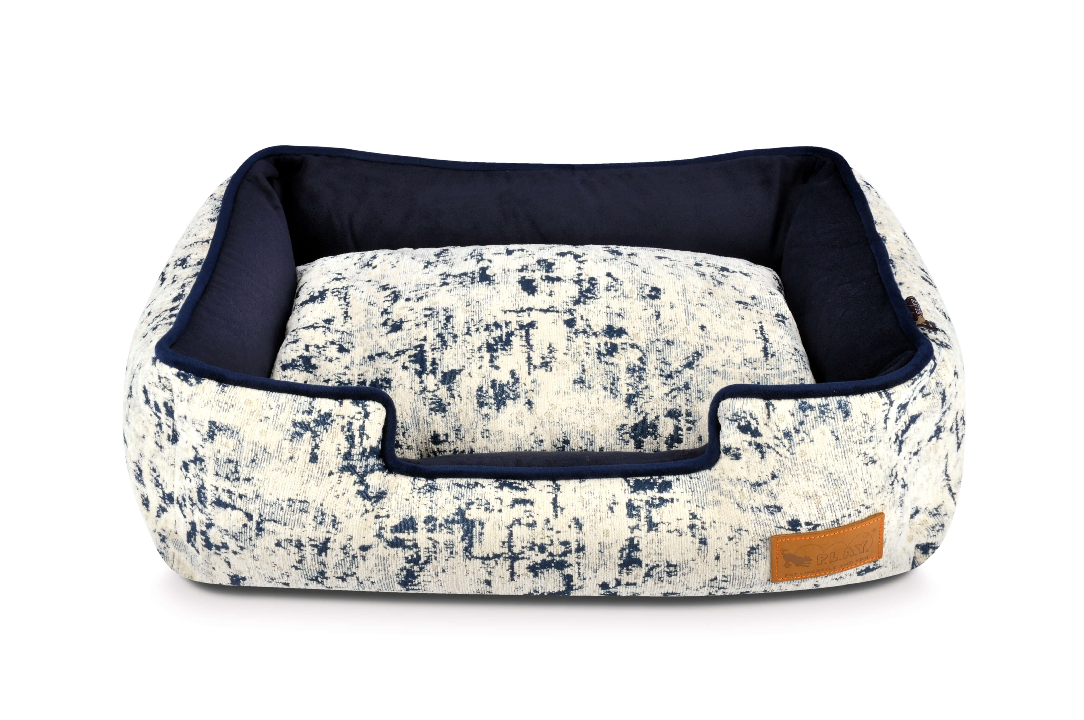 P.L.A.Y. Celestial Lounge Bed in Midnight Blue with elevated sides and modern design for ultimate pet comfort and style.