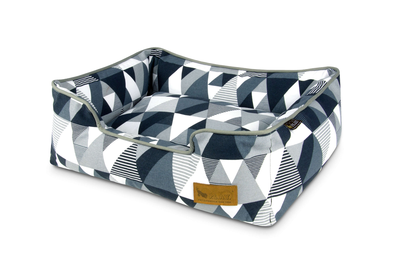 P.L.A.Y. Mosaic Lounge Bed in Tuxedo with colorful geometric pattern made from 100% natural cotton for stylish and comfortable pet lounging.