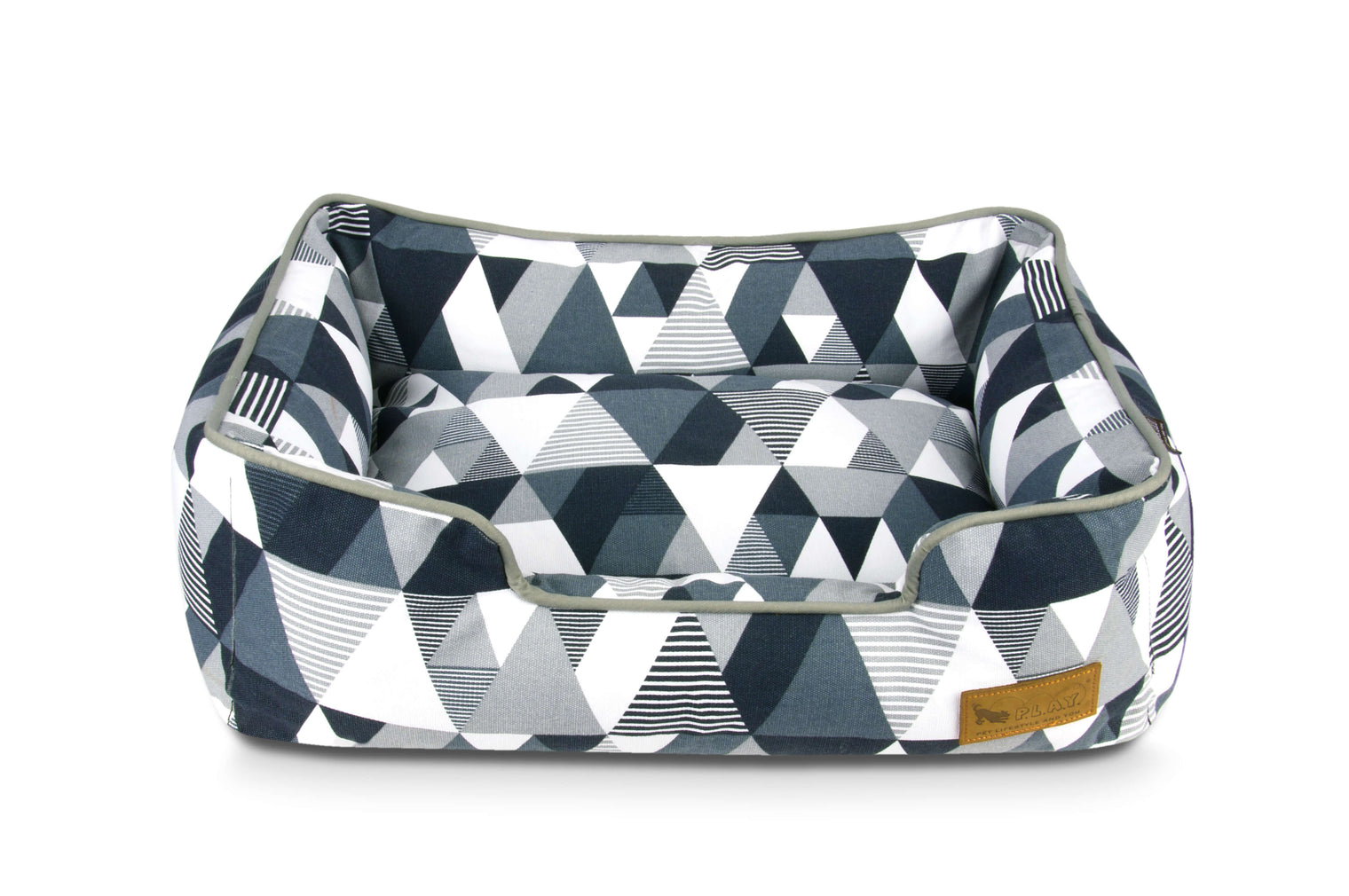 P.L.A.Y. Mosaic Lounge Bed in Tuxedo color with a bold geometric pattern, perfect for adding style and comfort for your dog