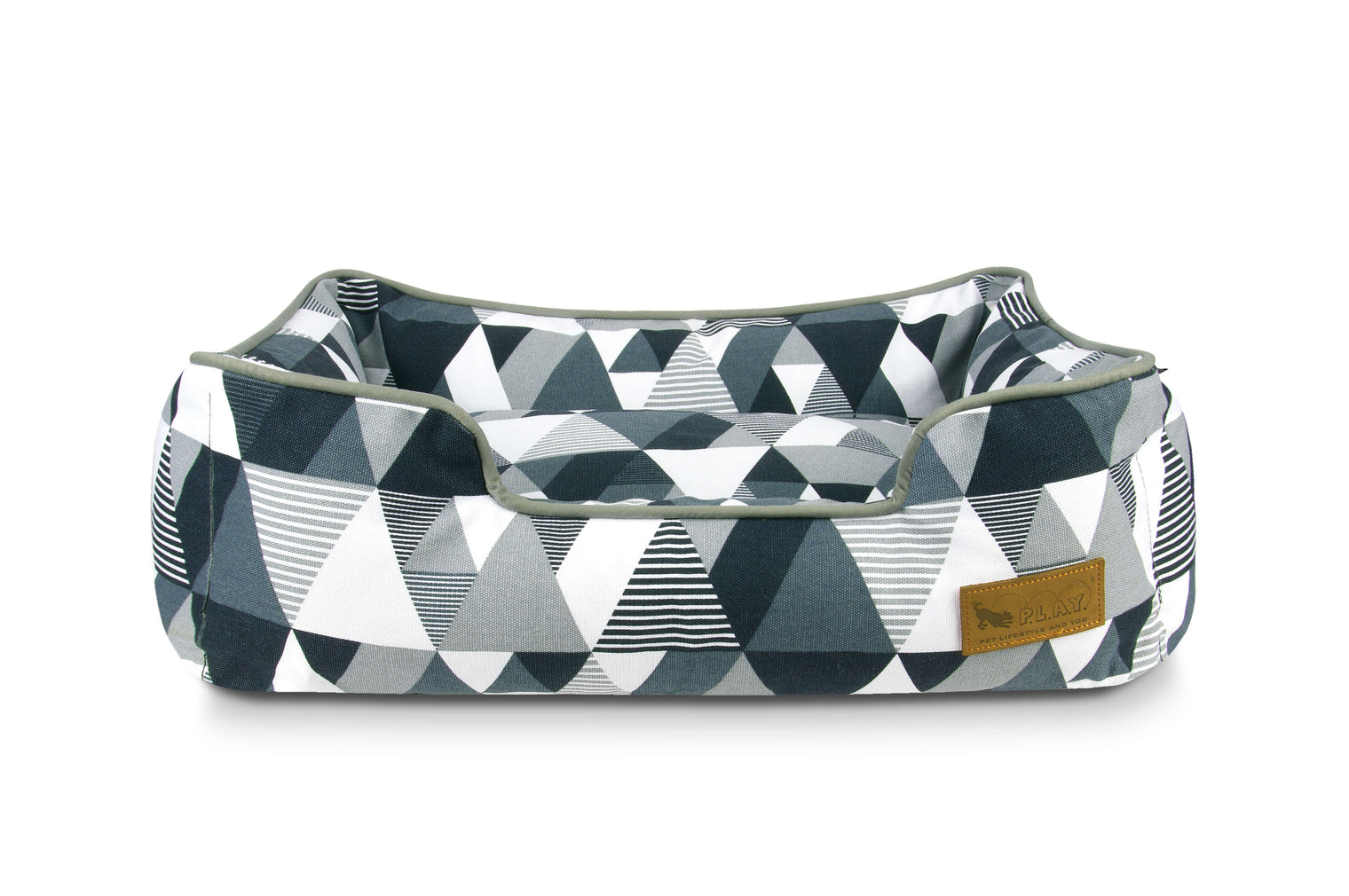 Colorful geometric pattern dog bed in black and white by P.L.A.Y. Mosaic Lounge Beds, perfect for stylish homes and comfortable lounging.