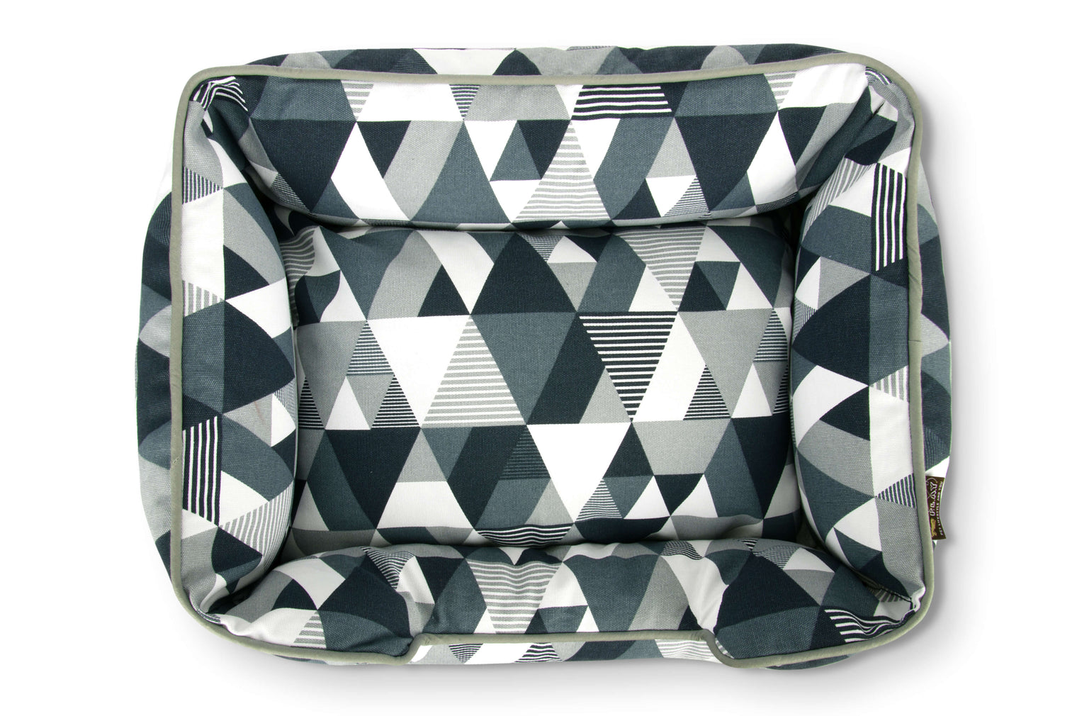 Mosaic Lounge Bed with colorful geometric pattern in Tuxedo color, crafted from 100% natural cotton, providing stylish comfort for pets