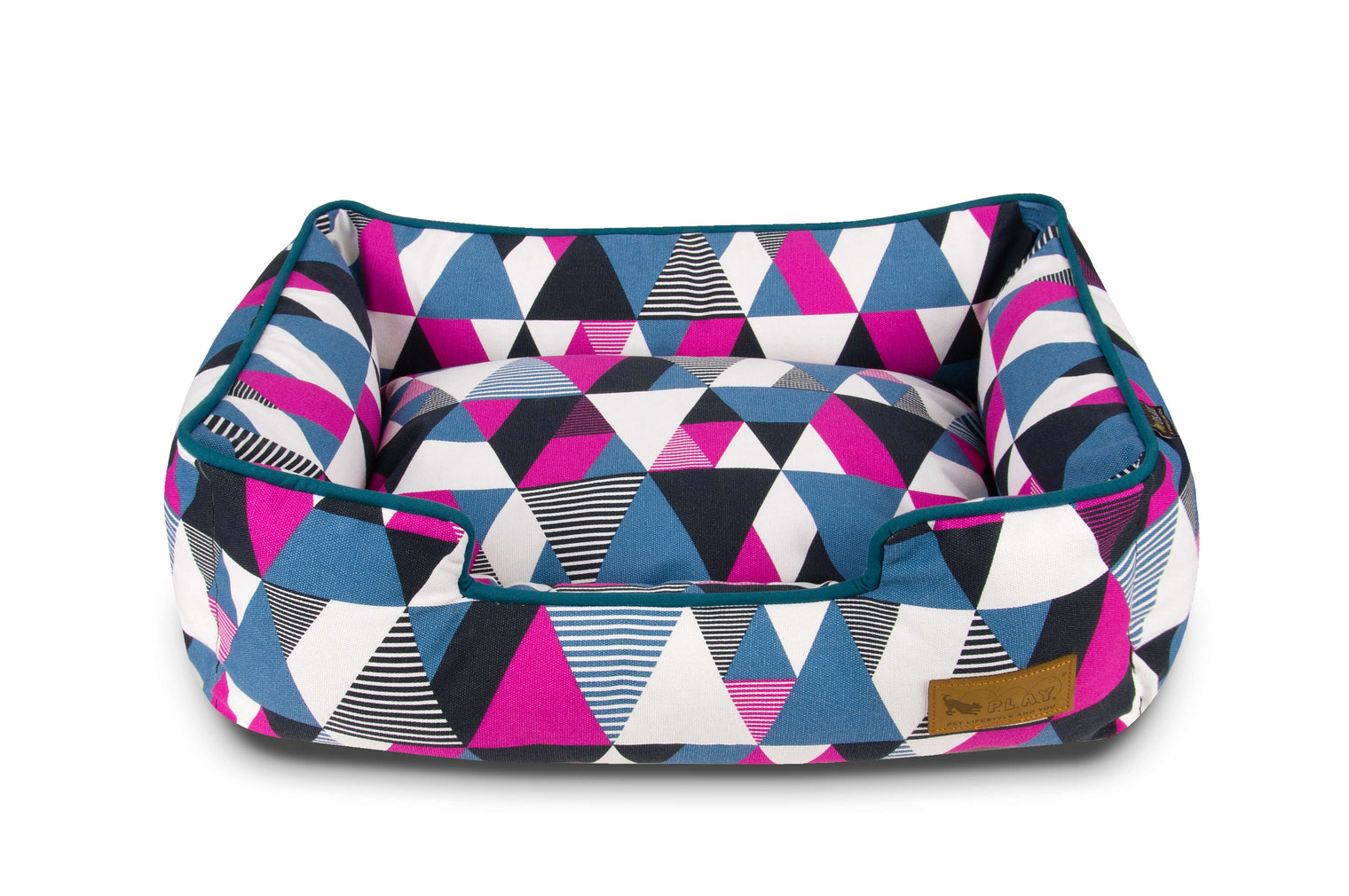 P.L.A.Y. Mosaic Lounge Bed with colorful geometric pattern in blue, pink, and white for stylish pet comfort.