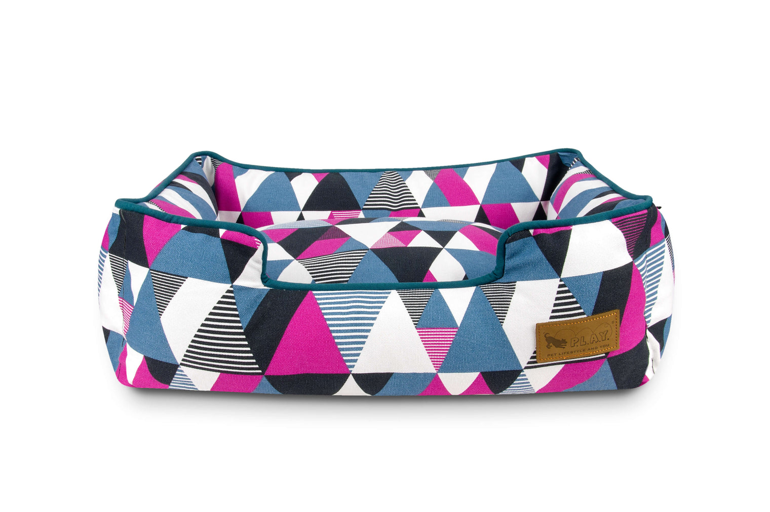 Colorful geometric pattern Mosaic Lounge Bed for dogs in Soda Pop color, made from 100% natural cotton.