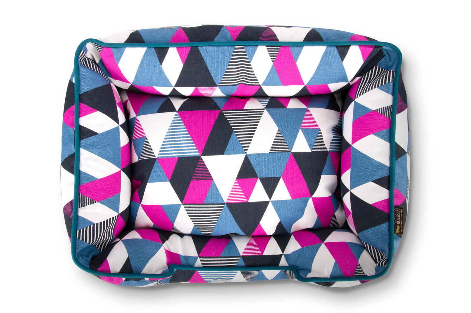 P.L.A.Y. Mosaic Lounge Bed in colorful geometric pattern, featuring bold triangles in blue, pink, and white.