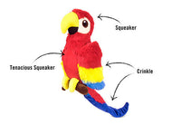 Colorful parrot plush toy with squeakers and crinkle features, part of the P.L.A.Y. Fetching Flock Toy Set for dogs.