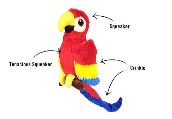 Colorful parrot plush toy with squeakers and crinkle features, part of the P.L.A.Y. Fetching Flock Toy Set for dogs.