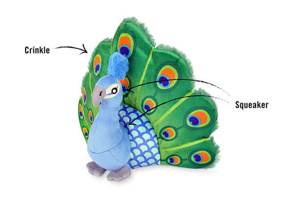 Peacock dog toy with crinkles and squeaker from P.L.A.Y. Fetching Flock Collection