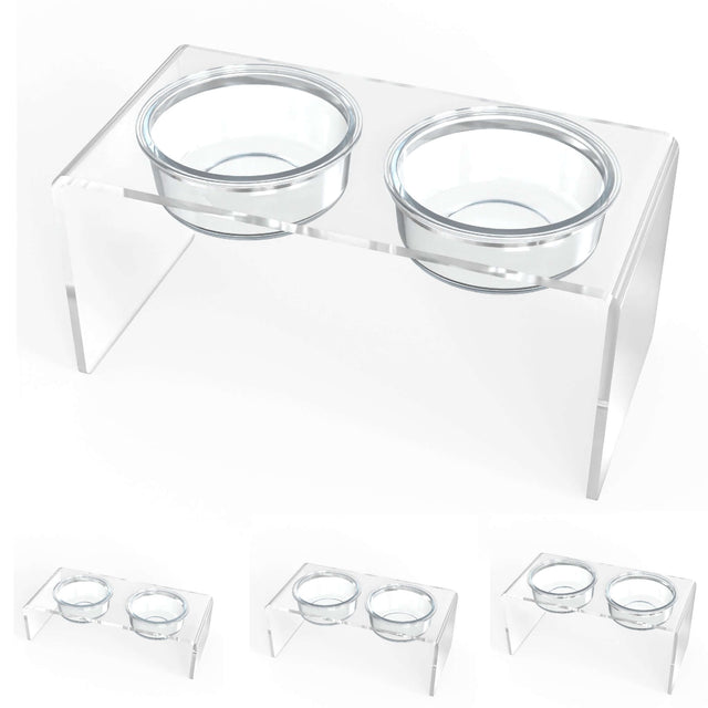 Modern Acrylic Glass Bowl Feeders, Standard Style, Double Bowl, LARGE - (Unused Return)