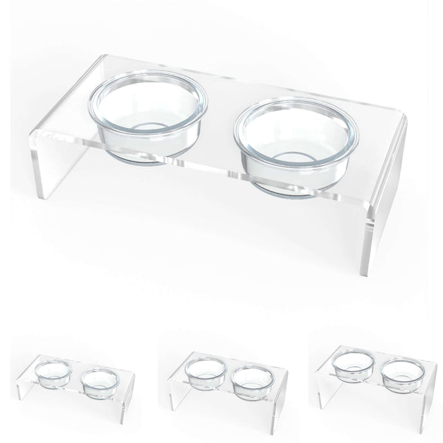 Modern Acrylic Glass Bowl Feeders, Standard Style, Double Bowl, SMALL - (Unused Return)