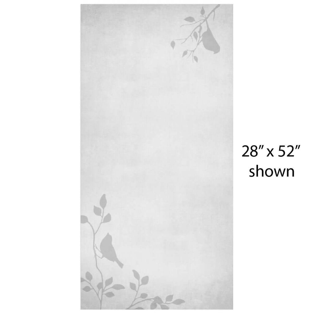 Birdsong vinyl mat with light gray background and bird silhouettes, custom printed, size 28” x 52”.