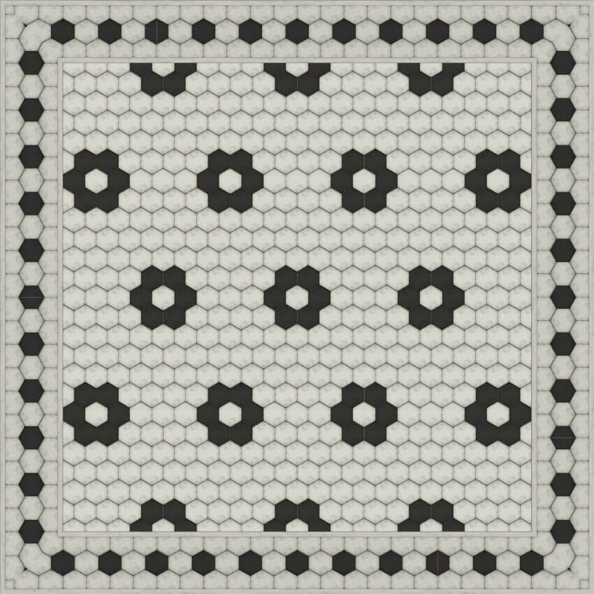 Siena Vinyl Mat with classic mosaic tile design in black and white, custom made to order for pet enclosures.