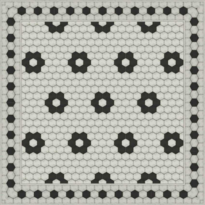 Siena Vinyl Mat with classic mosaic tile design in black and white, custom made to order for pet enclosures.